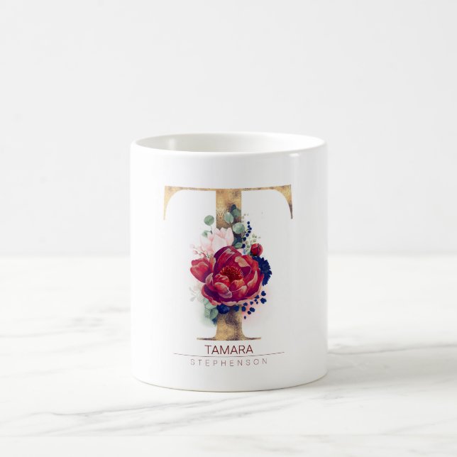 Taza De Café T Monograma Floral Borgoña Rojo y Azul Marina (Centro)