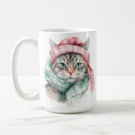 TAZA DE CAFÉ TABBY GRIS DE COLOR AGUA CON GORRA ROSA Y AZUL