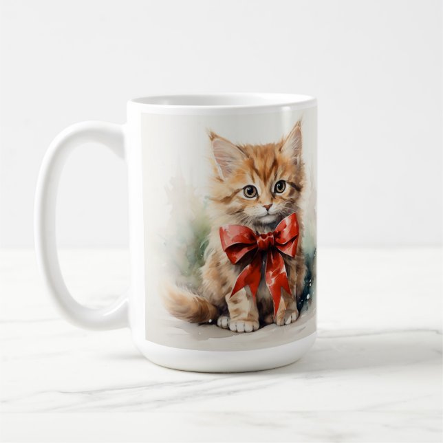 TAZA DE CAFÉ TABBY KITTEN, NARANJA DE FLUFFY CON BOW ROJO (Izquierda)