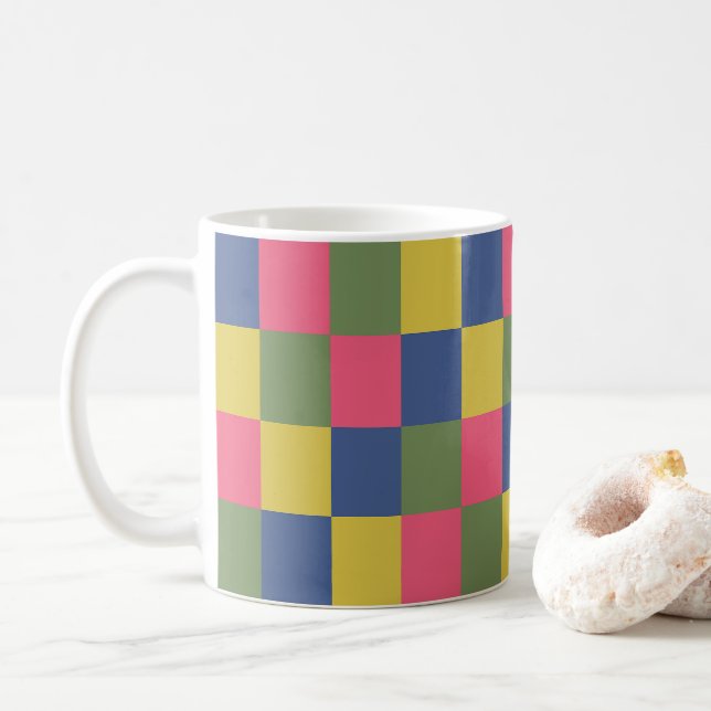 Taza De Café Tablero de ajedrez azul rosa amarillo verde (Con donut)