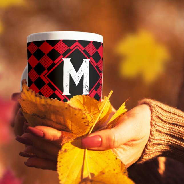 Taza De Café Tablero de ajedrez rojo y negro en monograma (Subido por el creador)