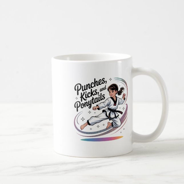 Taza De Café Taekwondo Girl Black Belt Punches Kicks Ponytails  (Derecha)