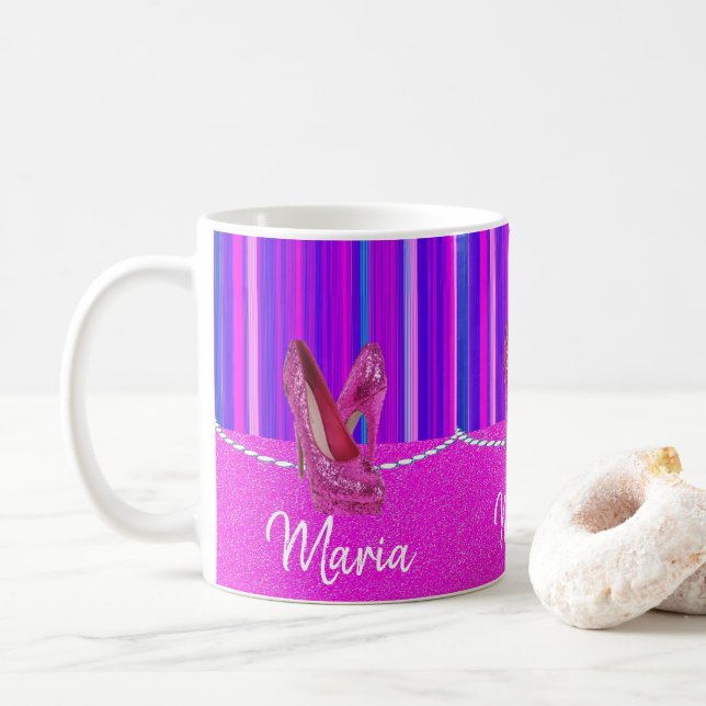 Taza De Café Talones altos Pink Purple Stripe Mug (Con donut)