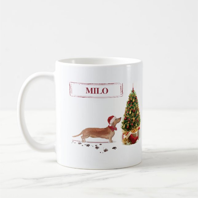 Taza De Café Tan Dachshund graciosos Navidades perro con árbol (Izquierda)