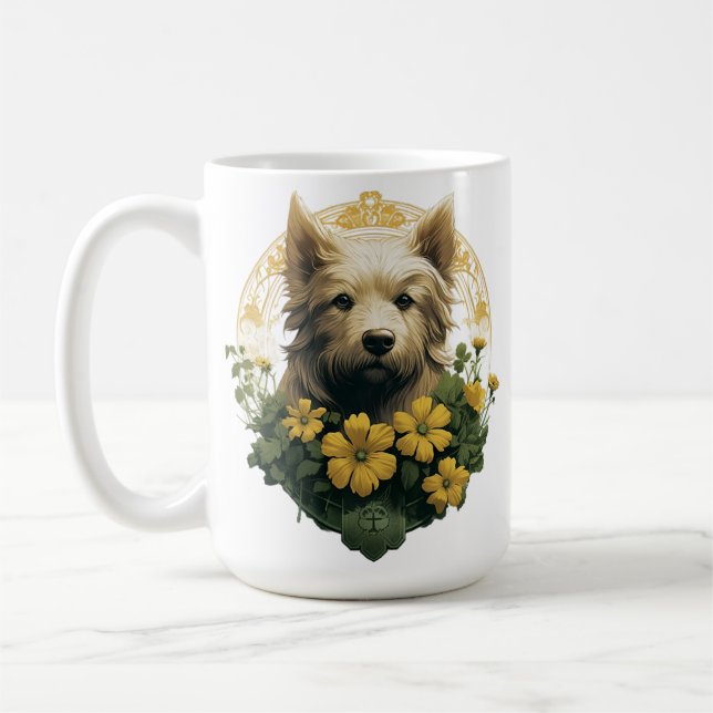 TAZA DE CAFÉ TAN TERRIER DOG CON FLORES IRLANDESES AMARILLOS (Izquierda)
