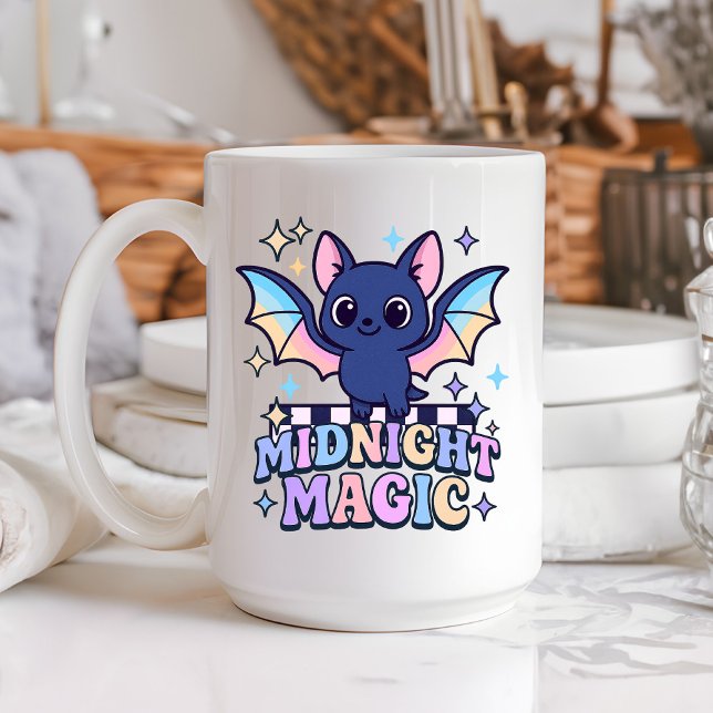 Taza De Café Tapón de Halloween y tablero de cheques Retro Past (The midnight magic kawaii bat design shines with retro pastel charm.)
