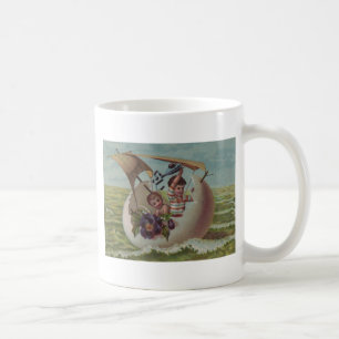 Taza De Café Tarjeta antigua de Pascua Niños Huevo Navegando