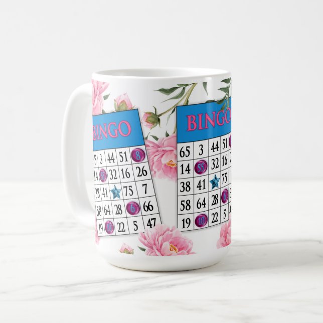 Taza De Café Tarjeta de bingo con flores rosadas delgadas (Anverso izquierdo)