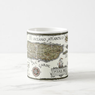 Taza De Café Tarjeta postal antigua de Puerto Rico Mapa