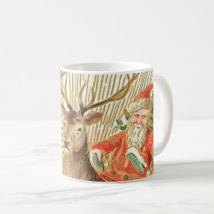 Taza De Café Tarjeta Postal de Navidad Vintage, Santa con Reno
