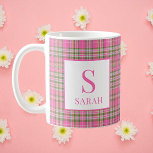 Taza De Café Tartan Plaid Monograma Clásico Rosa Nombre