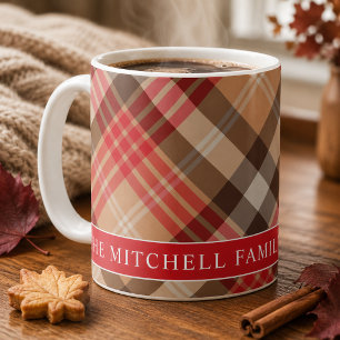 Taza De Café Tartan Plaid Monograma Familiar Rojo Beige
