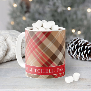 Taza De Café Tartan Plaid Monograma Familiar Rojo Beige