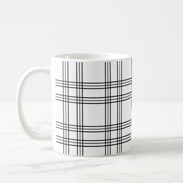 Taza De Café Tartán Tapado Blanco Con Líneas Negras (Izquierda)