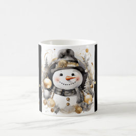 Taza De Café Tasse Snowman Watercolor Stripes Black Gold Var08