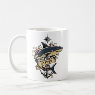 Taza De Café Tatuaje de Ancla Náutica de Tiburón Tradicional Vi