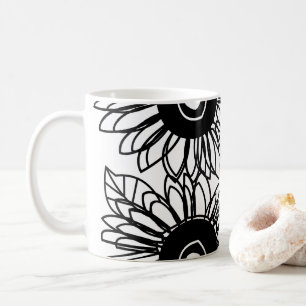 Taza De Café Tatuaje Girasol Floral Negro Blanco Tatuaje Flor