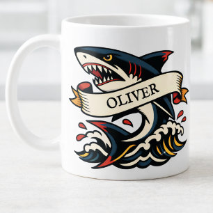 Taza De Café Tatuaje Retro de Tiburón Náutico