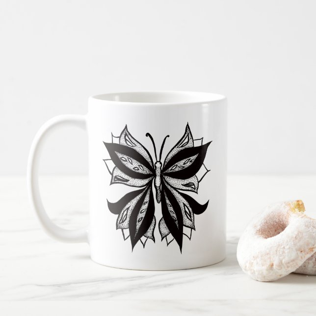 Taza De Café Tatuaje Tribal Blanco Y Negro De Mariposa (Con donut)
