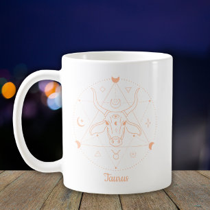 Taza De Café Tauro Arte de Línea Zodiaco Blanco Melocotón