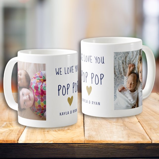 Taza De Café Te Ama Pop Abuelo 2 Collages de fotos (We Love You Pop Pop Grandpa 2 Photo Collage Coffee Mug
)