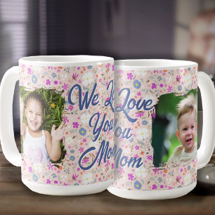 Taza De Café Te Amamos Mamá Dos Fotos Flores Rosadas Ditsy