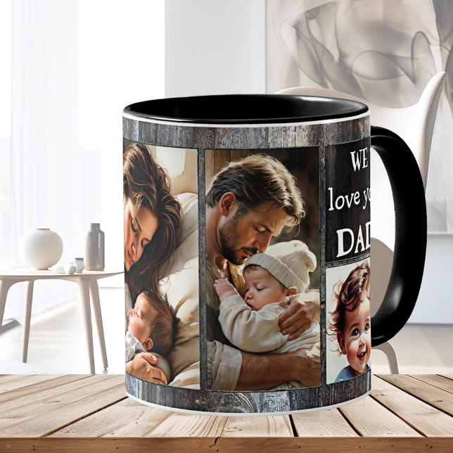 Taza De Café Te Amas Feliz Papá. (Father's Day photo mug featuring 4 of your custom photos on a rustic wood design - his birthday)