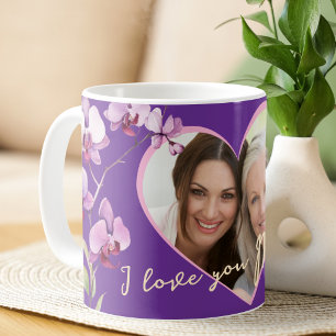 Taza De Café Te Amo Mamá Foto de Corazón de Orquídea Púrpura