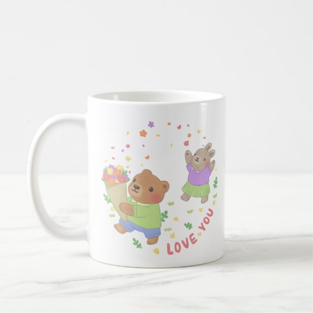 Taza De Café Te amo: Oso de Teddy y conejo con flores (Izquierda)