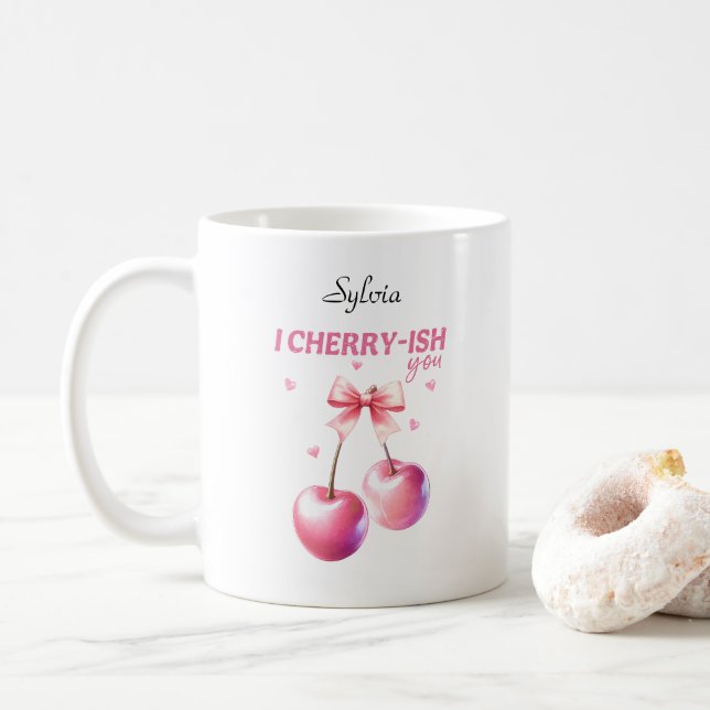 Taza De Café Te Aprecio Gracioso Cherry Pun personalizable (Con donut)