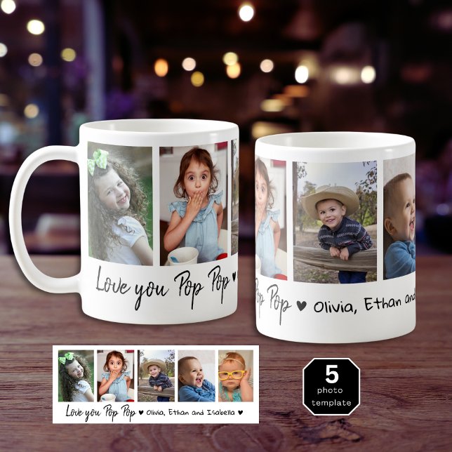 Taza De Café Te encanta Pop Abuelitos 5 Collages de fotos (Love You Pop Pop Grandchildren 5 Photo Collage Coffee Mug
)
