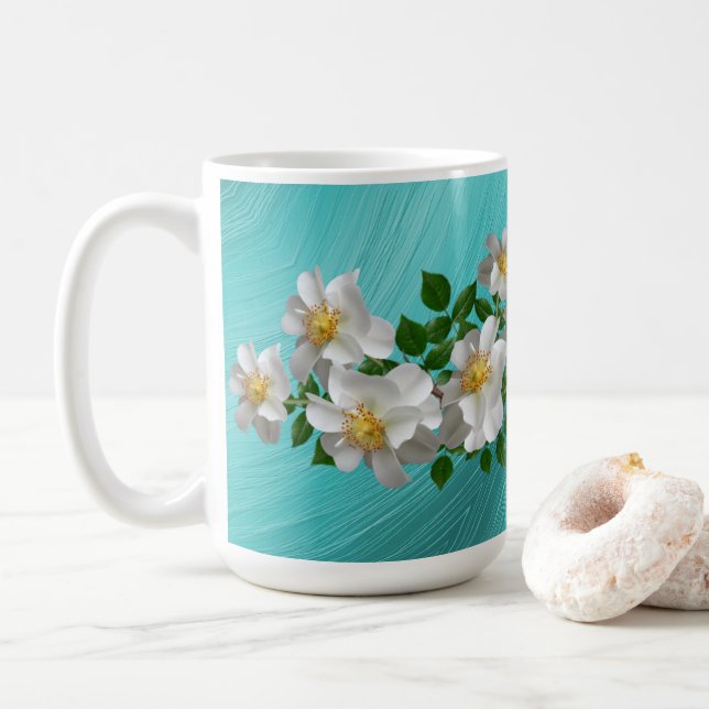 Taza De Café Tea Mug de flores blancas turquesa (Con donut)
