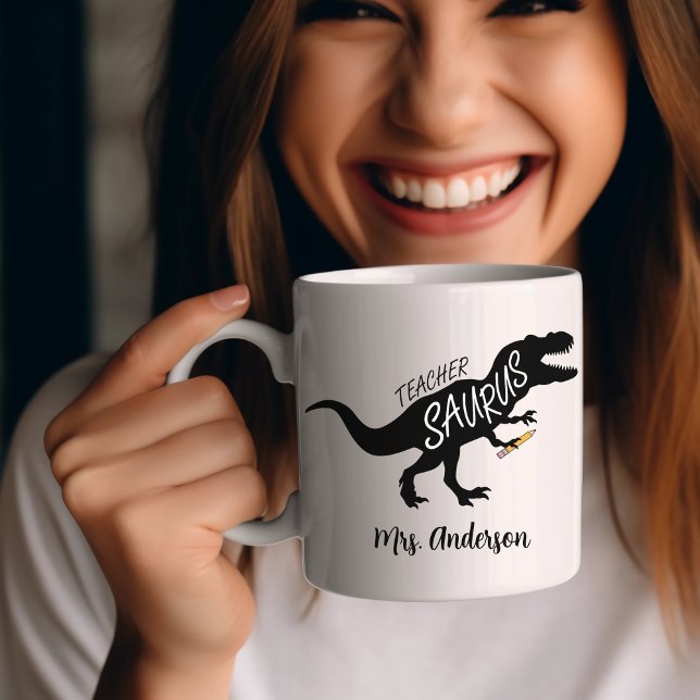 Taza De Café Teachersaurus Funny Teacher Dinosaurio Nombre T Re (Teachersaurus)