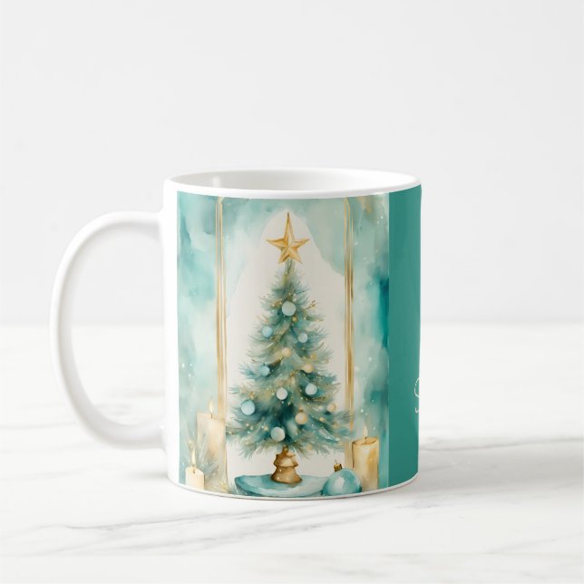 Taza De Café Teal and Gold Elegant Christmas Tree with Candles (Izquierda)