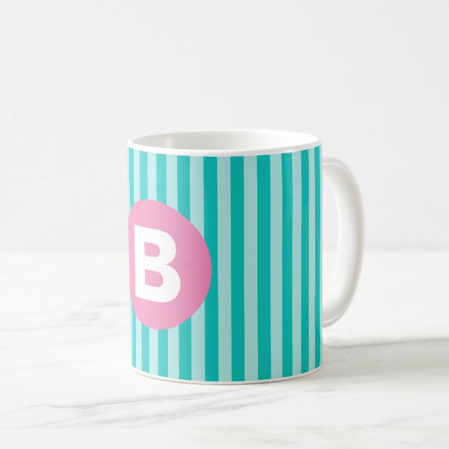 Taza De Café Teal Blue Vertical Striped Pink Circle Monogram (Anverso derecho)
