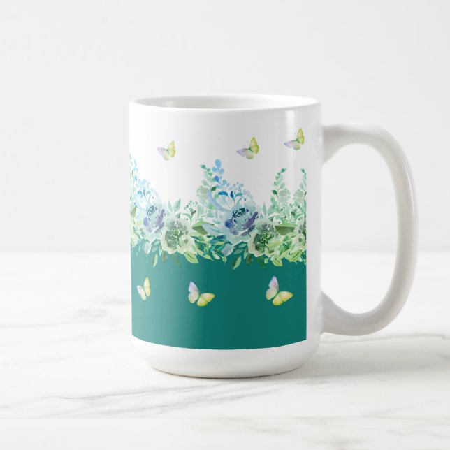 Taza De Café Teal Green Butterflies Floral Mug (Derecha)
