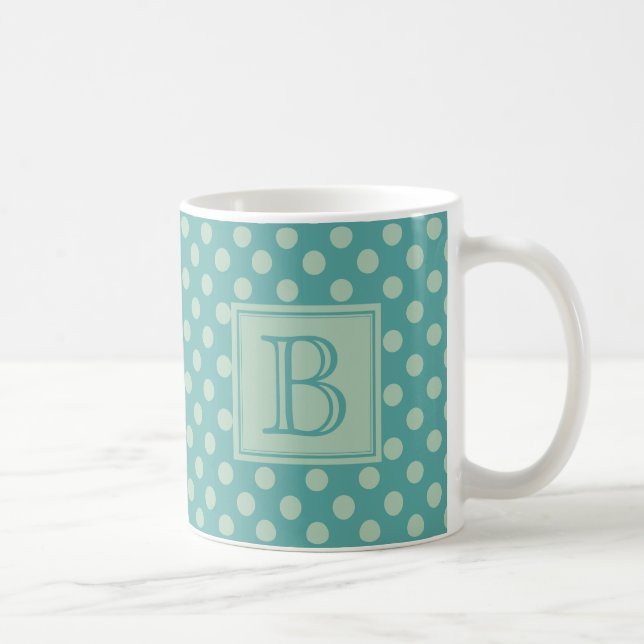 Taza De Café Teal Monogram Polka Dot Pattern (Derecha)