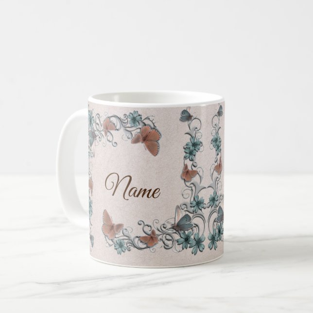 Taza De Café Teal Silver Floral Copper Butterfly Tan Wedding (Anverso izquierdo)