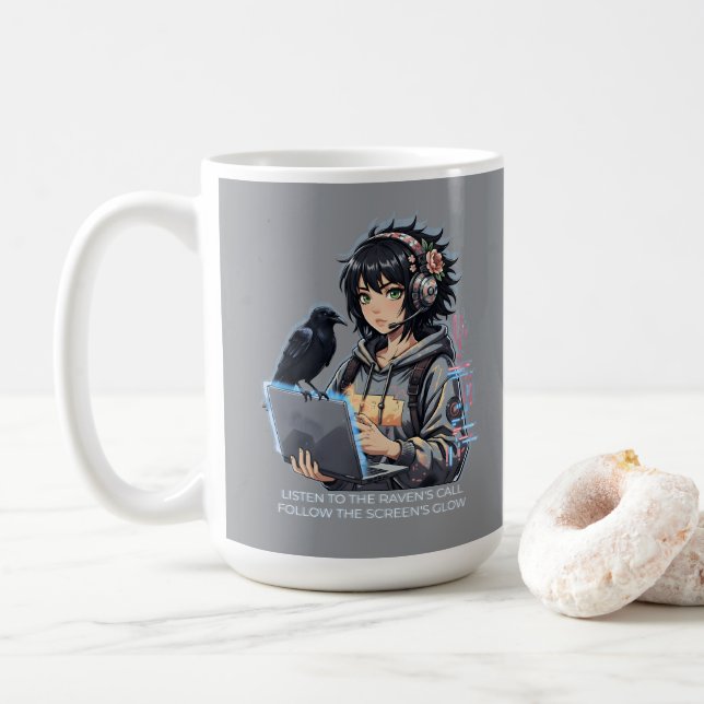Taza De Café Techno-Mädchen mit Rabe und Laptop (Con donut)