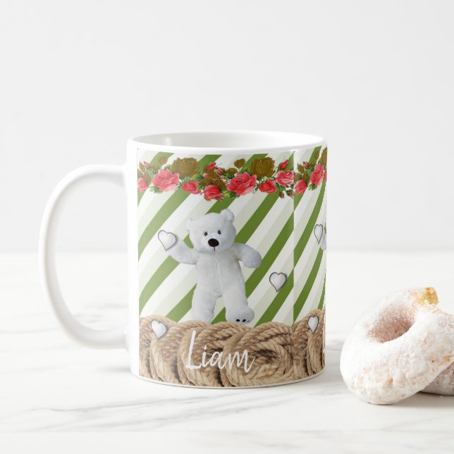 Taza De Café Teddy Bear blanco verde tira blanca (Con donut)