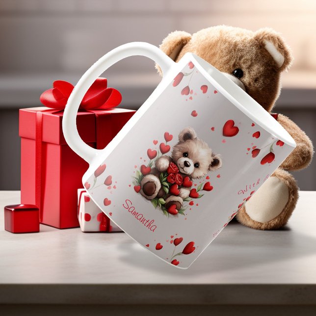 Taza De Café Teddy Oso Rosas del Corazón Rojo Valentines (Subido por el creador)
