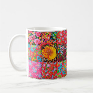 Taza De Café Tejido de patchwork hecho a mano con patrón floral