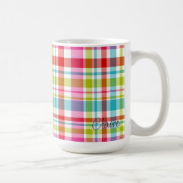 Taza De Café Tela de cuadros de arcoíris brillante con nombre p