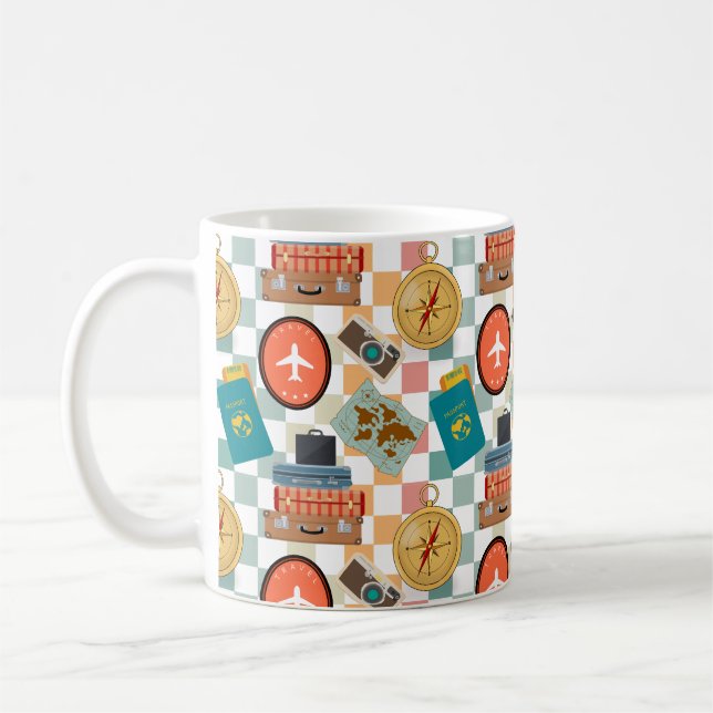 Taza De Café Tema de viajes de vacaciones de chequeo retro (Izquierda)