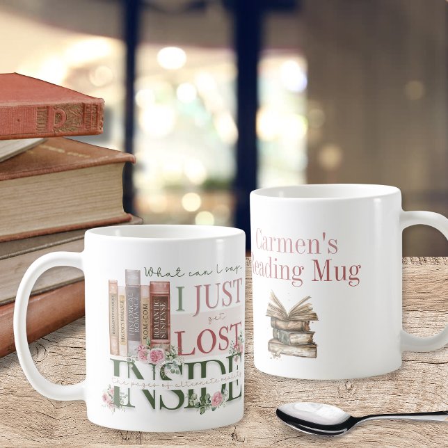Taza De Café Tema romántico tema de biblioteca personalizado (Pink floral roses and romance theme bookish book lovers personalized coffee mug for birthday gifts)