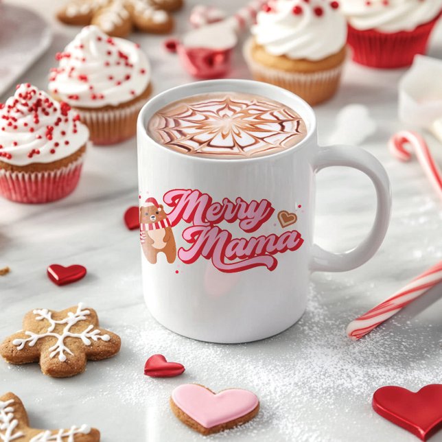 Taza De Café Temporada de feriado de Cute Merry Mama Bear (Red & Pink Merry Mama Bear Cute Holiday Mug)