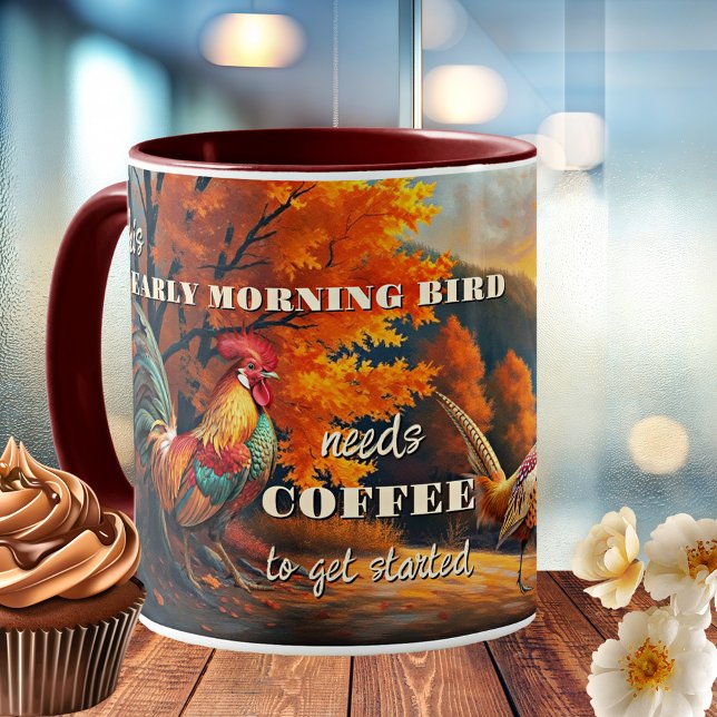 Taza De Café Temprano por la mañana: arte de la galera de aves (Mug featuring a painting of an autumn landscape with a rooster and a pheasant. Early morning coffee.)