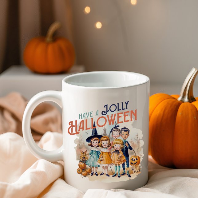 Taza De Café Ten Un Viento Alegre De Halloween (Vintage 'Have A Jolly Halloween' Double Sided Coffee Mug With Retro Looking Trick-or-Treater Kids)