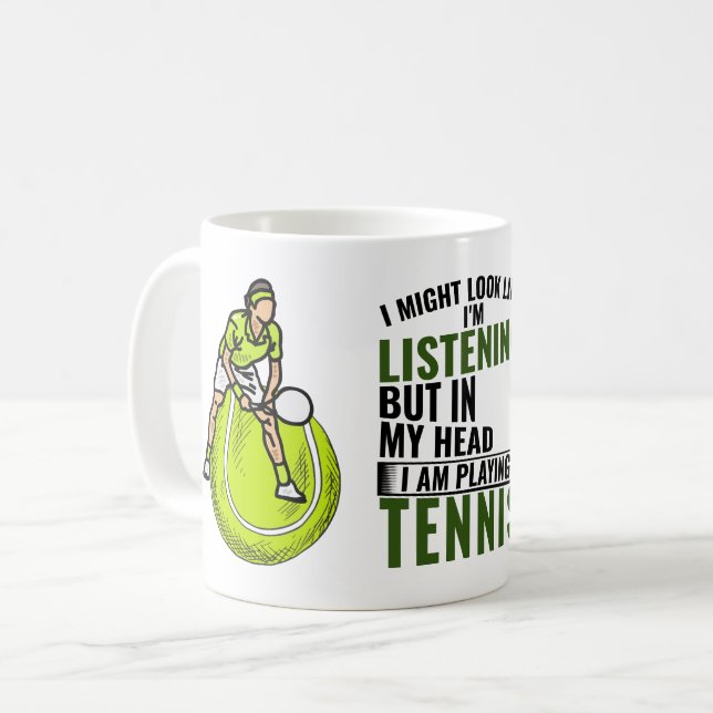 Taza De Café Tenis gracioso diciendo que mi cabeza está jugando (Anverso izquierdo)