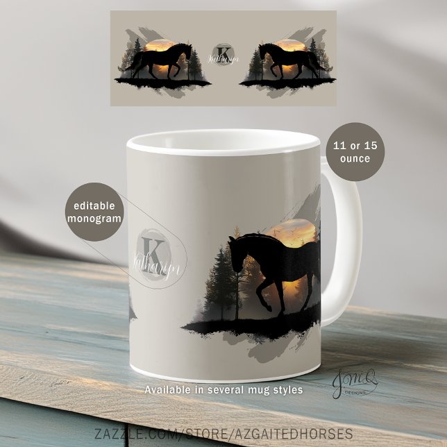 Taza De Café Tennessee Walking Horse Sunset Silhouette Monogram (Mug design with black Tennessee Walking Horse silhouette in  front of a trees with sunset, monogram.)